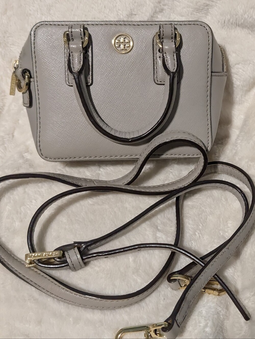 Tory Burch Light Gray Saffiano Mini Crossbody Satchel